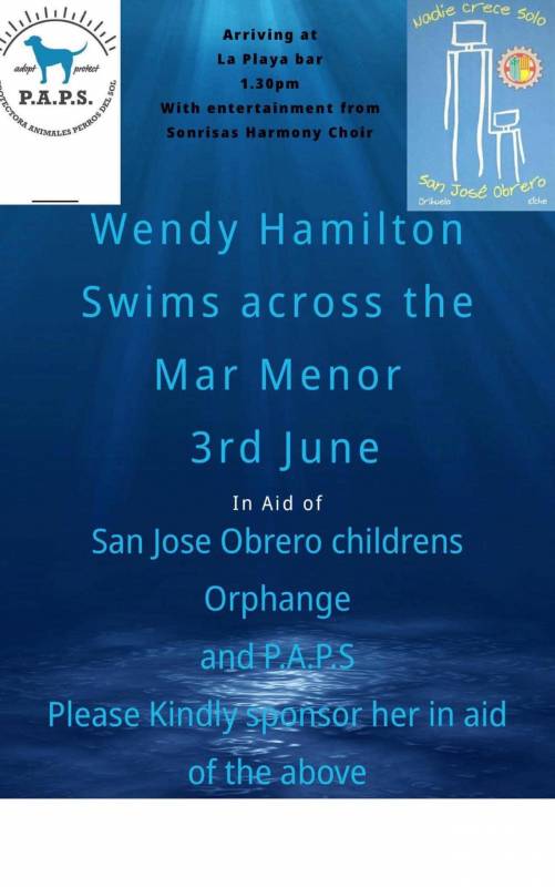 June 3 Wendy Hamilton swims across the Mar Menor for charity, live entertainment from Sonrisas Harmony
