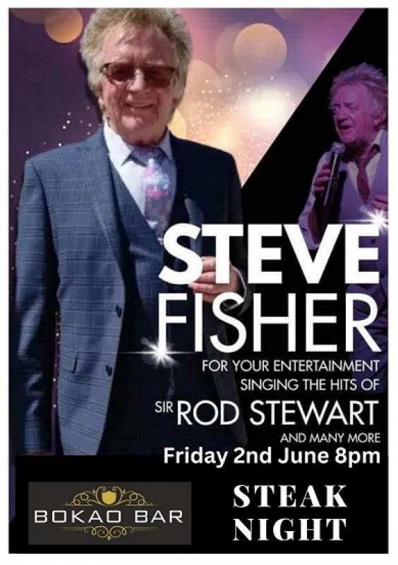 June 2 Steak Night and Steve Fisher performing as Sir Rod Stewart at the Bokao Bar Condado de Alhama Golf Resort