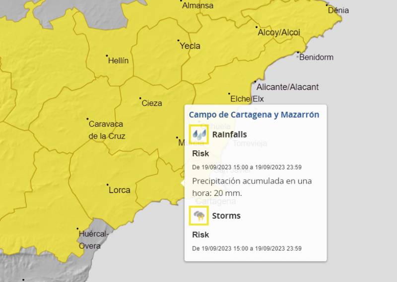 Murcia on yellow alert for heavy rain today