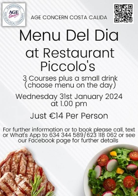 January 31 2024 Age Concern Monthly Menu Del Dia at Piccolo Restaurant Camposol