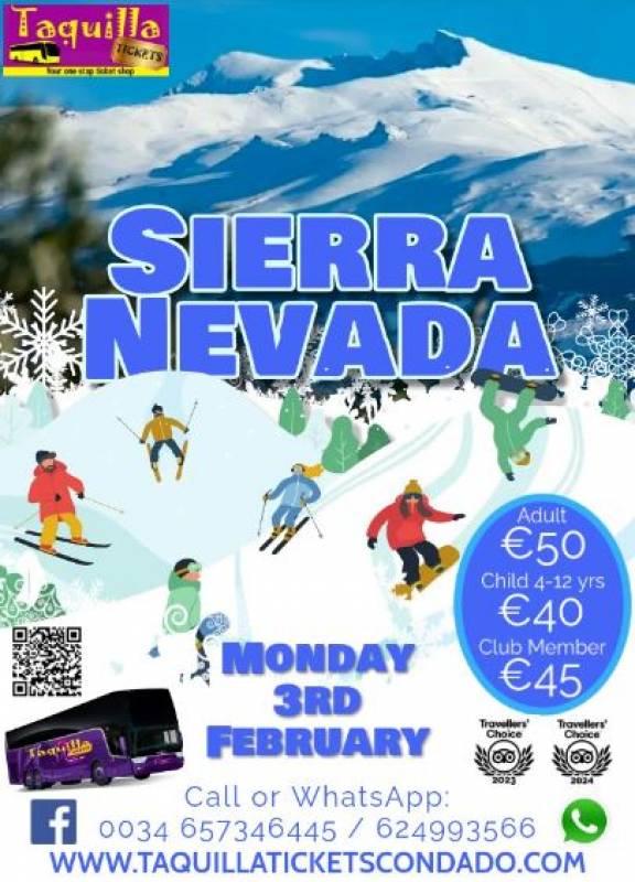 February 3 Sierra Nevada ski trip with Taquilla Tickets