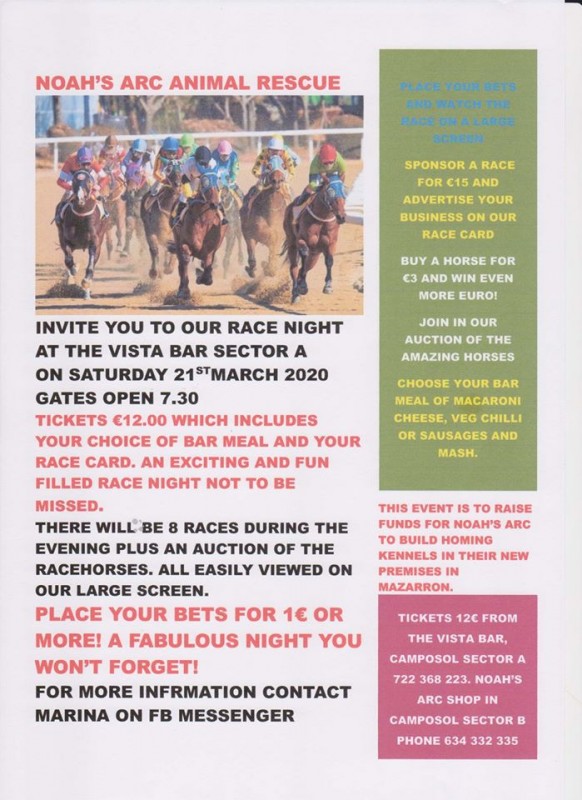 <span style='color:#780948'>ARCHIVED</span> - Saturday 21st March Race Night on Camposol for Noahs Arc