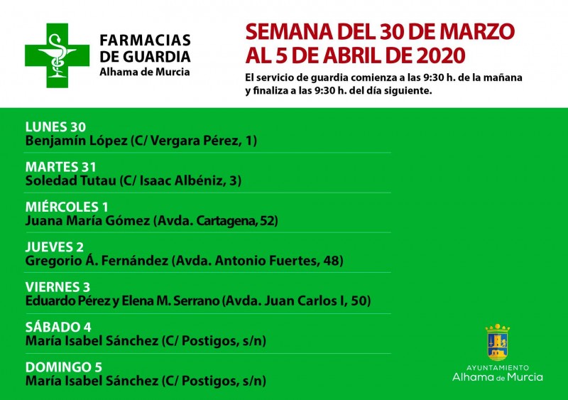 <span style='color:#780948'>ARCHIVED</span> - 24 hour pharmacy rota in Alhama de Murcia 30th March to 5th April