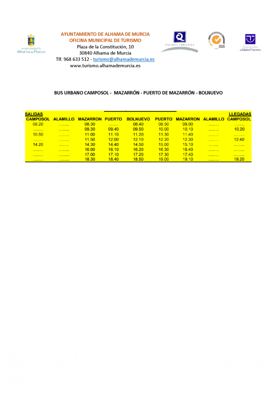 <span style='color:#780948'>ARCHIVED</span> - BUS timetable Camposol, Mazarron, Puerto de Mazarrón and Bolnuevo May 2020