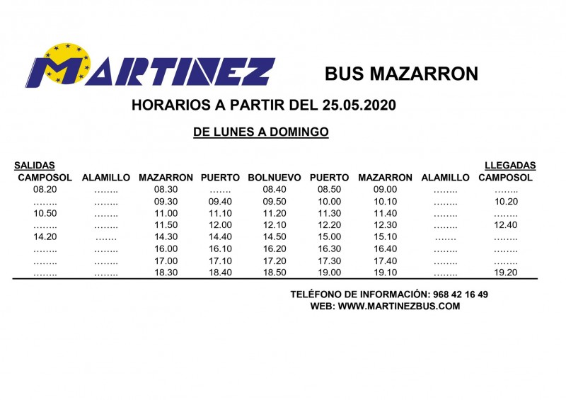 <span style='color:#780948'>ARCHIVED</span> - Camposol- Mazarrón- Puerto de Mazarrón- Alamillo bus service spring 2020