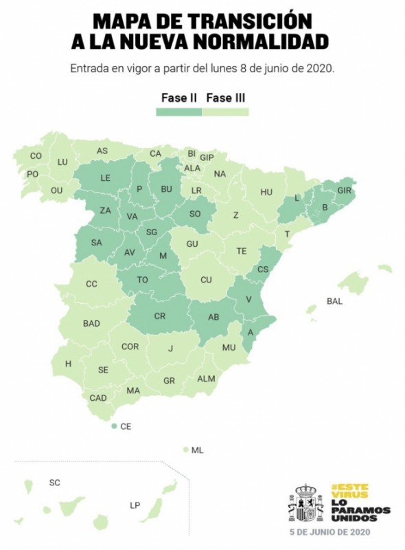 <span style='color:#780948'>ARCHIVED</span> - 52 per cent of Spain will be in phase 3 by Monday