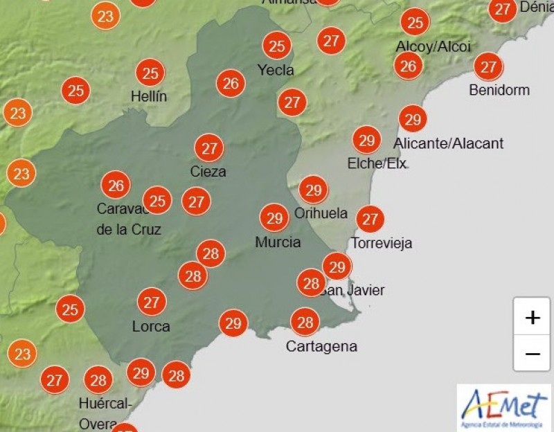 <span style='color:#780948'>ARCHIVED</span> - Average temperatures in the high twenties across Murcia region on Wednesday