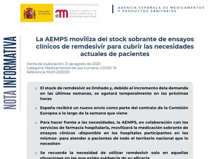 <span style='color:#780948'>ARCHIVED</span> - Supplies of Remdesivir in Spain about to run out due to increased covid cases