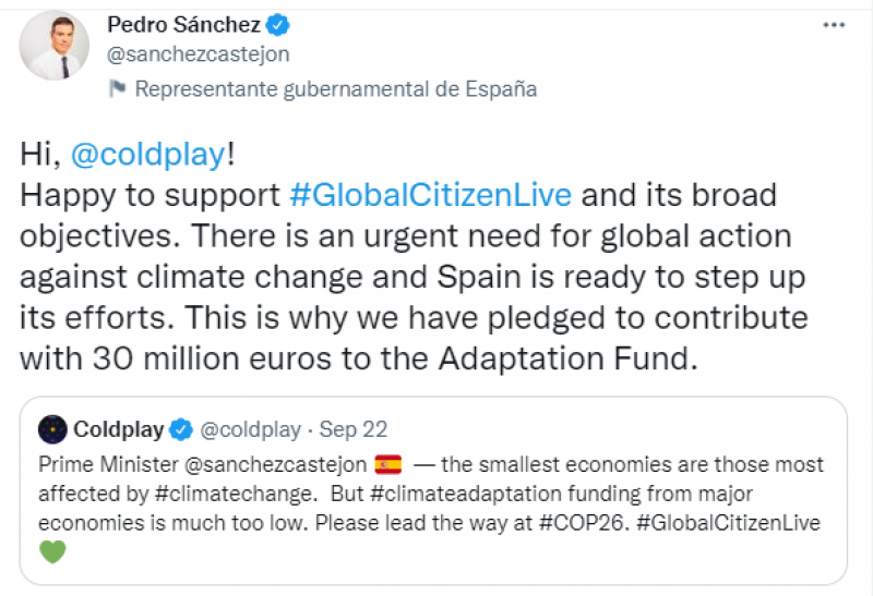 <span style='color:#780948'>ARCHIVED</span> - Pedro Sanchez and Coldplay discuss climate change on Twitter