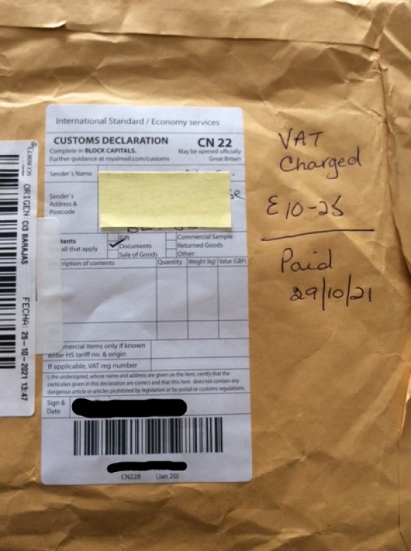 <span style='color:#780948'>ARCHIVED</span> - Correos wrongly charging VAT on UK and US letters