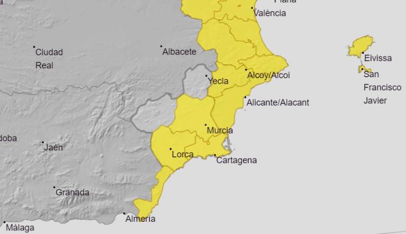 Yellow weather warning around Mazarron and the Mar Menor on Wednesday and Thursday
