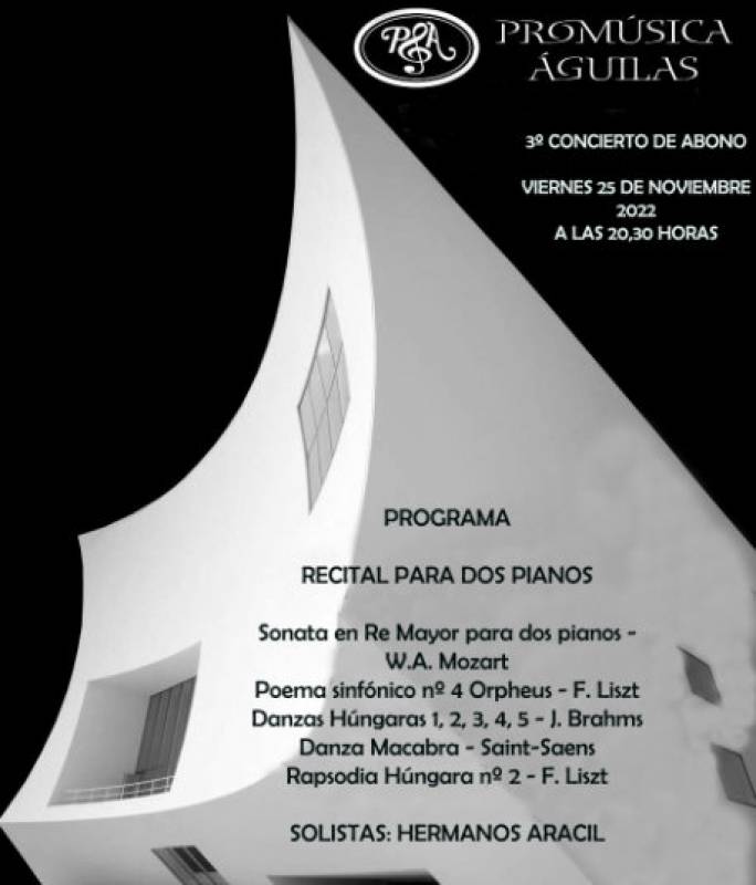 <span style='color:#780948'>ARCHIVED</span> - November 25, Promúsica piano recital by the Aracil pianists at the Aguilas auditorium