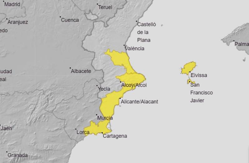 Yellow alert for heavy thunderstorms on Thursday in Murcia and Alicante