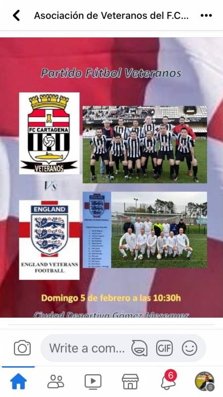 Sunday February 5 England Veterans Football Club Over-55s vs FC Cartagena Veterans at Ciudad Deportiva Gomez Meseguer