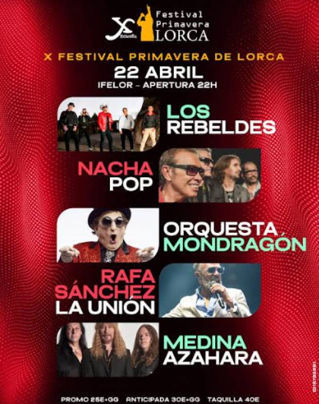 April 22 Spring music festival in Lorca with leading Spanish artists from the 1990s