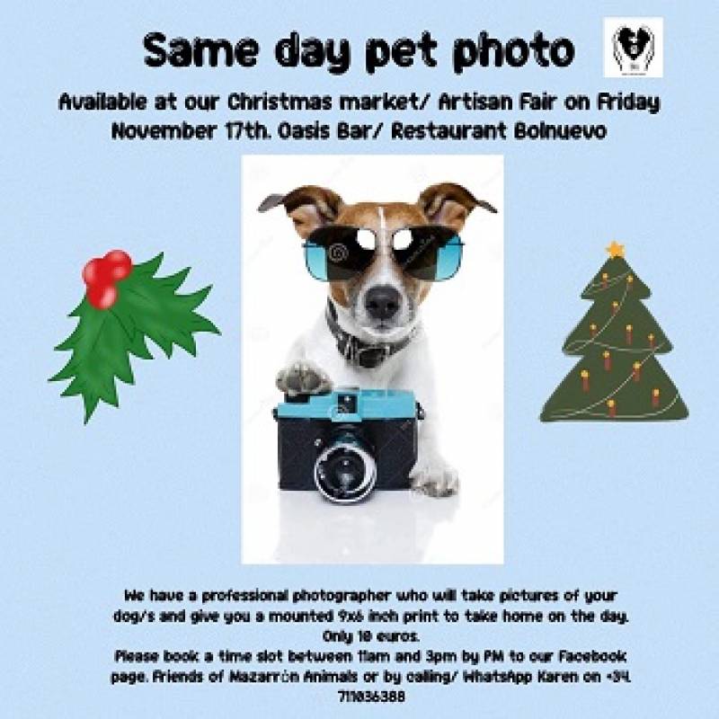 November 17 Same day pet photos at Friends of Mazarron Animals Christmas Market and Artisan Fair