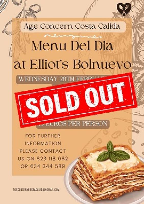 February 28  SOLD OUT - Age Concern Monthly Menu del Dia at Elliots Restaurant Bolnuevo