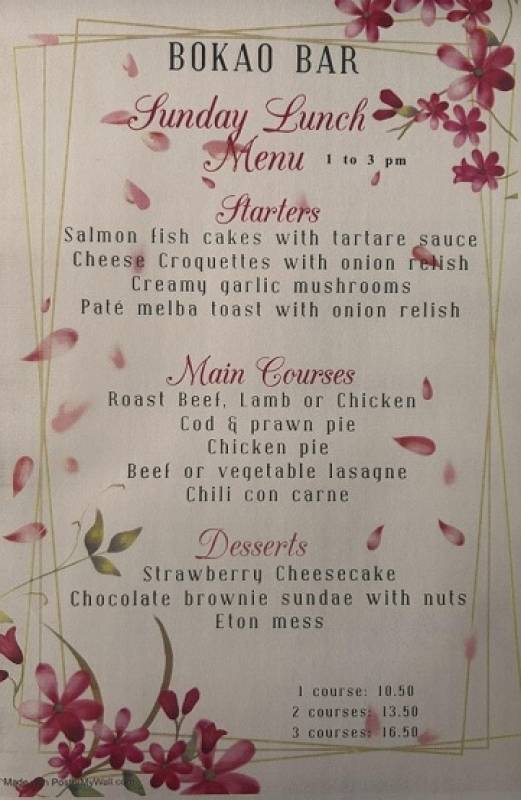 May 26 Sunday Lunch menu at the Bokao Bar, Condado de Alhama Golf Resort