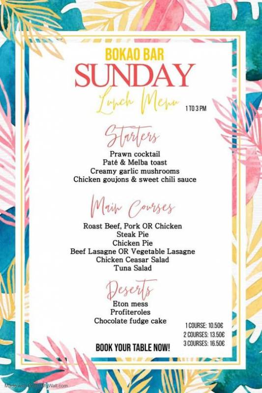 June 2 Sunday Lunch menu at the Bokao Bar, Condado de Alhama Golf Resort