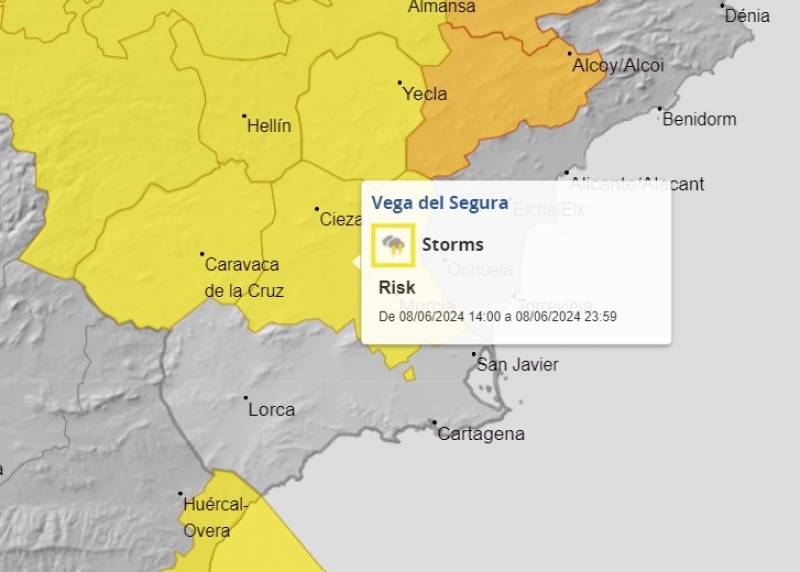 Yellow alerts issued for heavy storms this Saturday in Murcia