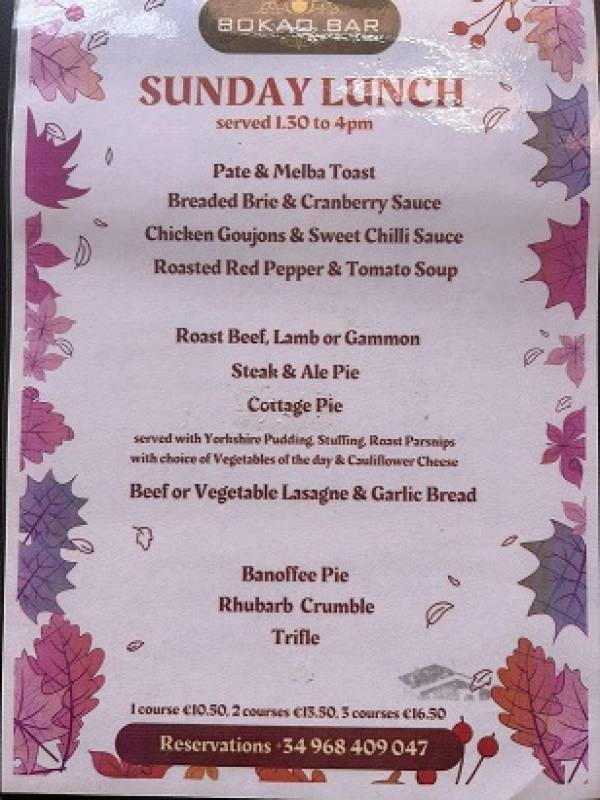 September 29 Sunday Lunch menu at the Bokao Bar, Condado de Alhama Golf Resort