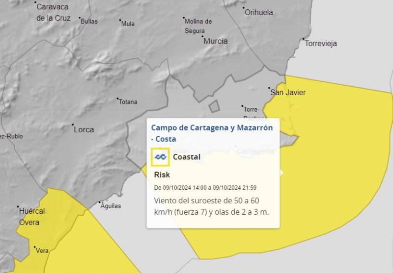 Yellow warning for strong wind and waves in Murcia this Wednesday