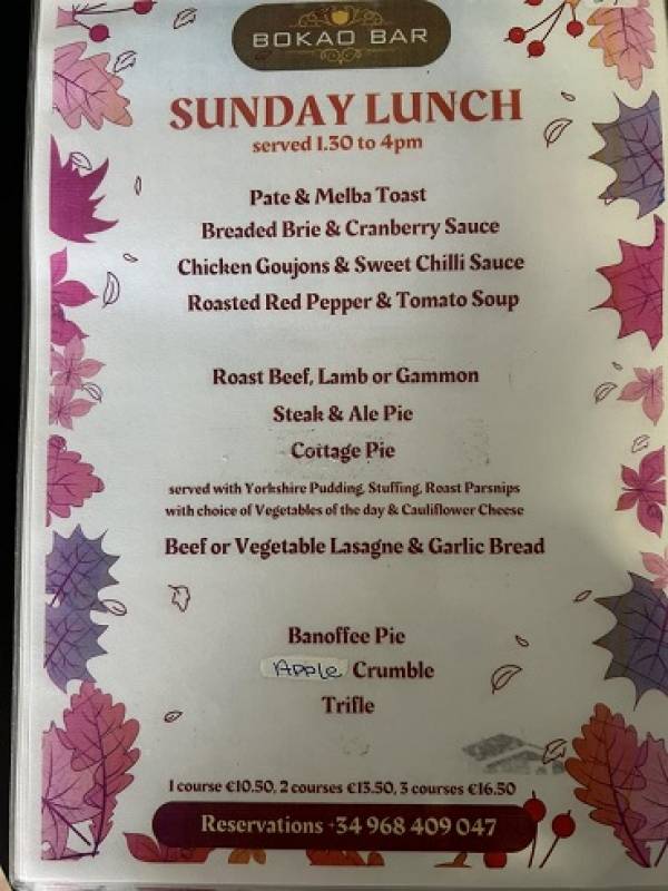 November 10 Sunday Lunch menu at the Bokao Bar, Condado de Alhama Golf Resort