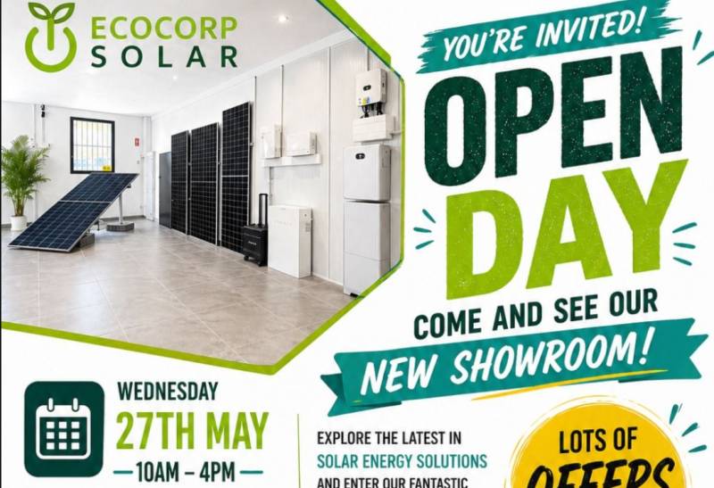May 27 You're invited to the grand opening of Ecocorp Solar's impressive new showroom in Antas, Almería