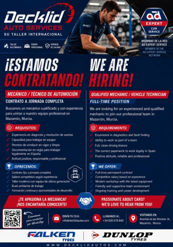 Decklid Auto Services in Mazarrón is hiring a full-time qualified mechanic
