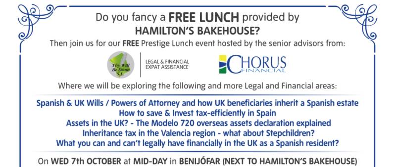 October 7 Free lunch and expert legal advice for expats in Benijófar, Alicante