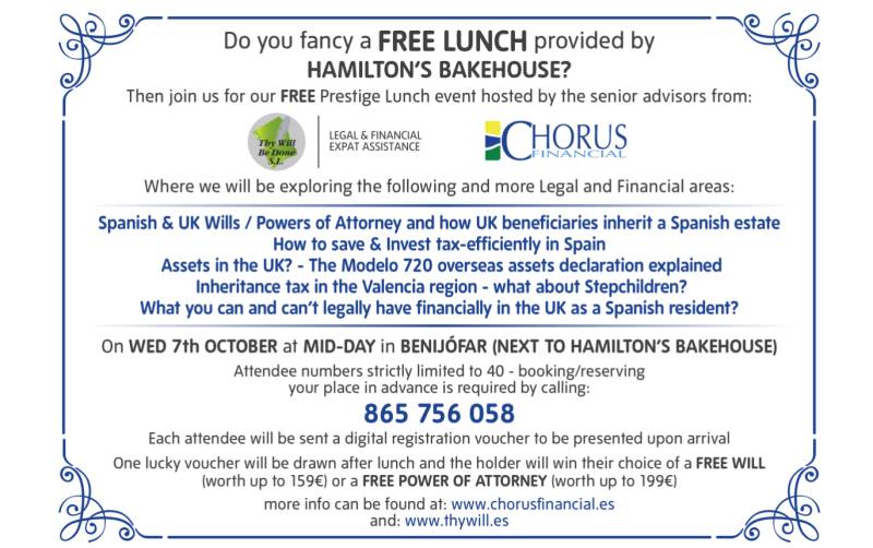 October 7 Free lunch and expert legal advice for expats in Benijófar, Alicante